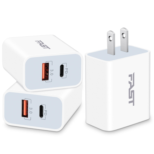 Power-7 USB C Wall Charger, 3-Pack 20W 2Port Fast USBC Charger Block Plug PD Power Adapter Type C Charging Box Brick Cube for iPhone 14 13 12 Pro Max Mini 11 SE XS XR X, Pad, Samsung, Tablet, Android
