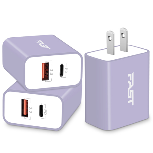 Power-7 [3 Pack] USB C Wall Charger, 20W PD 3.0 Dual Port Type-C + USB-A Power Adapter Fast Charging Block for iPhone 14 13 12 Pro Max 14 Plus 13 Mini 11 SE XS X, Pad, Samsung, LG, Moto Cube (Purple)