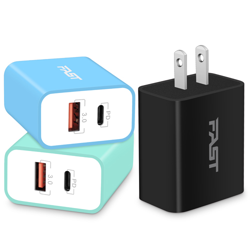 Power-7 3Pack Dual Port USB C Charger Block, 20W PD Wall Charger USB-C + USB-A Power Adapter Fast Charging Block Cube for iPhone 14 13 12 Pro Max 14 Plus 14 13 Pro 12 Mini 11 SE XS X, Samsung Galaxy