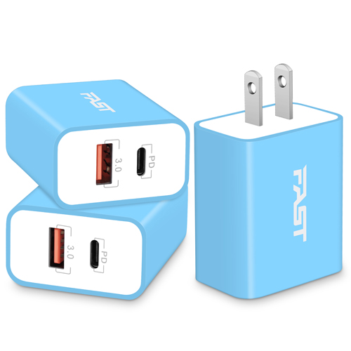 Power-7 3Pack Dual Port USB C Wall Charger, 20W PD 3.0 Type-C + USB-A Power Adapter Plug Brick Double Fast Charging Block for iPhone 14 13 12 Pro Max 14 Plus 13 Pro 12 Mini 11 SE XR XS X Cube (Blue)