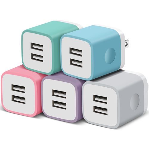 Power-7 Wall Charger, 5-Pack 2.1A Dual Port USB Cube Power Adapter Wall Charger Plug Charging Block Brick Box Compatible with iPhone 13/12 Pro Max/Mini/11/XS/XR/X/8/7/6 Plus, Pad, Samsung, LG, Android