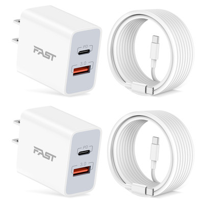 For iPhone 15/15 Pro Max Charger, 2-Pack 20W Dual Port Type C Fast Wall Charger, USB C Charger Block for iPhone 15 Pro Max/15 Pro/15 Plus/15, iPad Pro/Air/Mini, AirPods with 10FT Long USB-C to C Cable