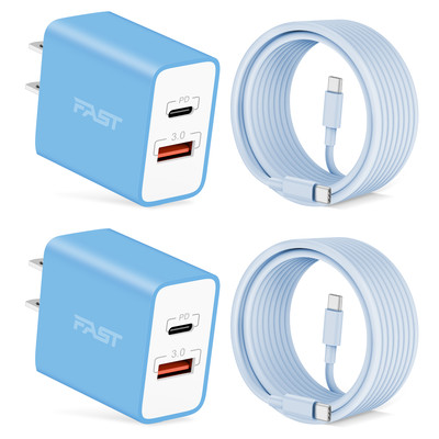 20W Fast Charger for iPhone 15/15 Plus/15 Pro/15 Pro Max, 2-Pack 20W Dual Port USB C Wall Charger Block Plug Power Adapter with 10FT Long USB C to C Cable for iPhone 15/15 Pro Max, iPad Pro, AirPods