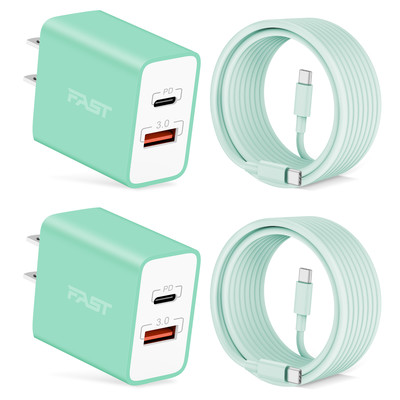 USB C Wall Charger, 2Pack 20W Dual Port QC+PD Power Adapter with 10FT USB C to C Cable, Double Fast Plug Charger Block for iPhone 15/15 Plus/15 Pro Max, AirPods, Pad, Google Pixel 7/6, Samsung S23/S22