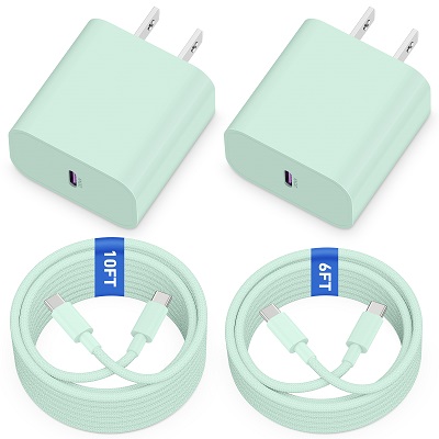 USB C Charger for iPhone 15/15 Plus/15 Pro/15 Pro Max, 20W Type-C Fast Wall Charger Power Adapter for iPad Pro 12.9/11 inch, iPad Air 5th/4th, iPad 10th, iPad Mini with 6FT&10FT Long USB C to C Cable