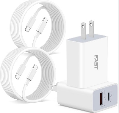 20W USB C to USB C Fast Charger for iPhone 15/15 Plus/15 Pro/15 Pro Max, 2Pack Dual Port USB-C Wall Charger Plug Fast Charging Block for iPad Pro/Air/Mini, Pixel 8/7/6 with 10FT Long Type C to C Cable