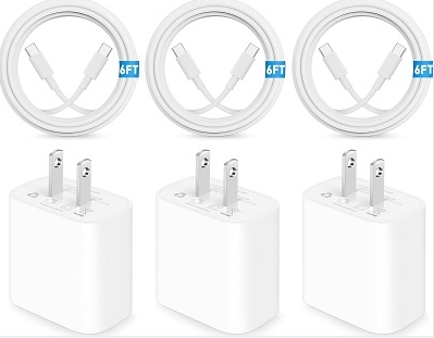 20W USB C Fast Charger for iPhone 15/15 Plus/15 Pro/15 Pro Max, iPad Pro/Air, Watch, 3-Pack 20W USB C Wall Charger Block Power Adapter Plug Type C Charging Block with 6FT USB C to C Cable