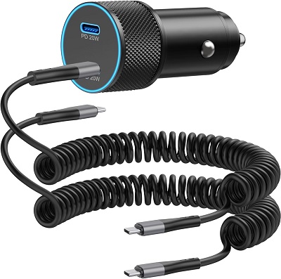 USB C 40W Super Fast Car Charger with 2-Pack 6FT Coiled USB-C to C Cable, Dual Type C Car Adapter Cigarette Lighter Charger for iPhone 15/15 Plus/15 Pro Max, iPad Pro, Galaxy S23/S22/S21, Pixel 8/7/6