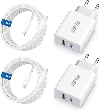 European Travel Plug Adapter, 2Pack 20W 2-Port International Power Adapter US to Europe EU Type C Fast Charger Block with 6FT USB C to C Cable for iPhone 15/15 Pro Max, iPad, Pixel 8/7, Galaxy S24/S23