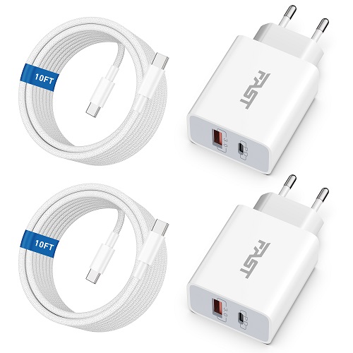 uropean Travel Adapter USB C, 2Pack 20W US to Europe EU Dual Port USB C Wall Charger Type C Fast Charging Block International Power Plug with 10FT USB C to C Cable for iPhone, iPad, Samsung, Android
