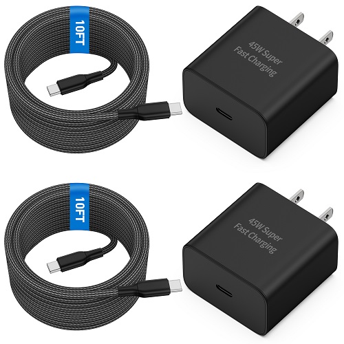 Power-7 45W Super Fast Charger Type C, 2-Pack USB C Fast Wall Charger Block for Samsung Galaxy S24 Ultra/S24+/S24/S23 Ultra/S23+/S23/S22/S21/S20/Note 20/10, Tab S9/S8 with 10FT Long USB C to C Cable