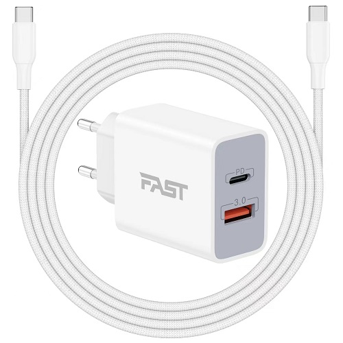 US to European Plug Adapter, 20W 2-Port International Travel Adapter USB C Fast Charger Block with 6FT USB C to C Cable for iPhone 15/15 Pro Max, iPad, Galaxy S24/S23/S22, Europe EU Travel Essentials…